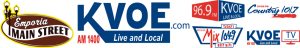 A group containing the Emproia Main Satreet logo and KVOE logos. Emporia Main Street logo: the words are contained within a dark, reddish brown ellipse with a wavy, white line running across it. "Main Street" follows the path of the white line. An illustrated lamp post is on the left and peeks out from the ellipse. The entire logo has a yellow outline. KVOE.com logo: the leg of the letter K extends out with the word "Live and Local" inside the stroke. 96.0 FM KVOE Live & Local logo: two rectangles side by side and tapering the farther they are from the center. The red rectangle on the left has white text that says "96.9 FM" and the blue rectangle on the right has text that says "KVOE Live & Local." Country 101.7 logo: there is a red, painterly underline starting from the y in "Country" to the 7 in "101.7." Mix 104.9 logo: "Mix 104.9" is contained within an upside down trapezoid. Boxes containing the words "Today's" and "Best Hits" are placed on the top and bottom of the trapezoid respectively.